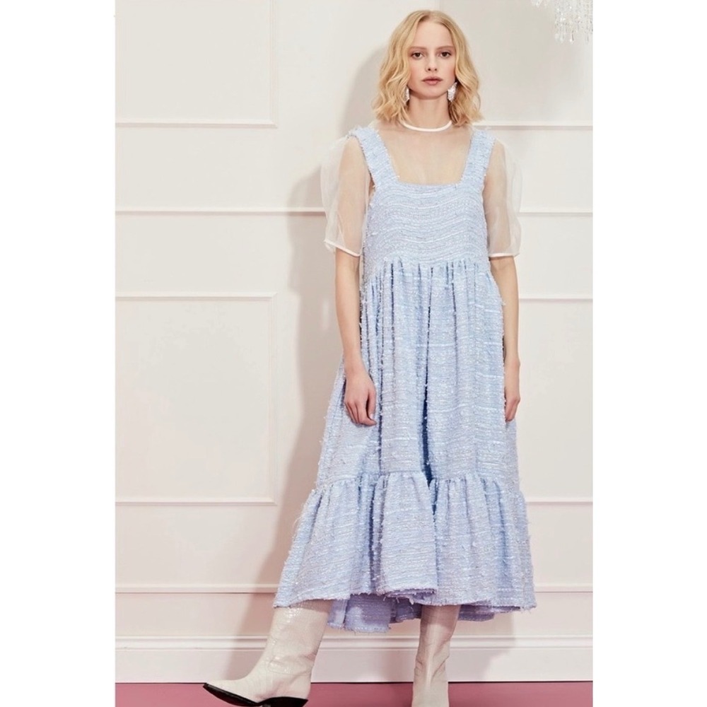 NWT Sister Jane DREAM | Rags to Riches Tweed Midi Dress M Blue Tie Shoulder